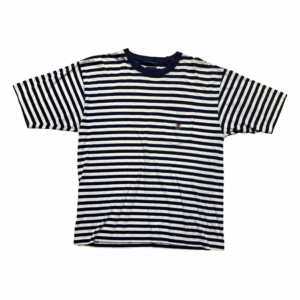 Tommy Hilfiger Boys Blue White Striped Crew Neck T-Shirt L Short Sleeve Logo